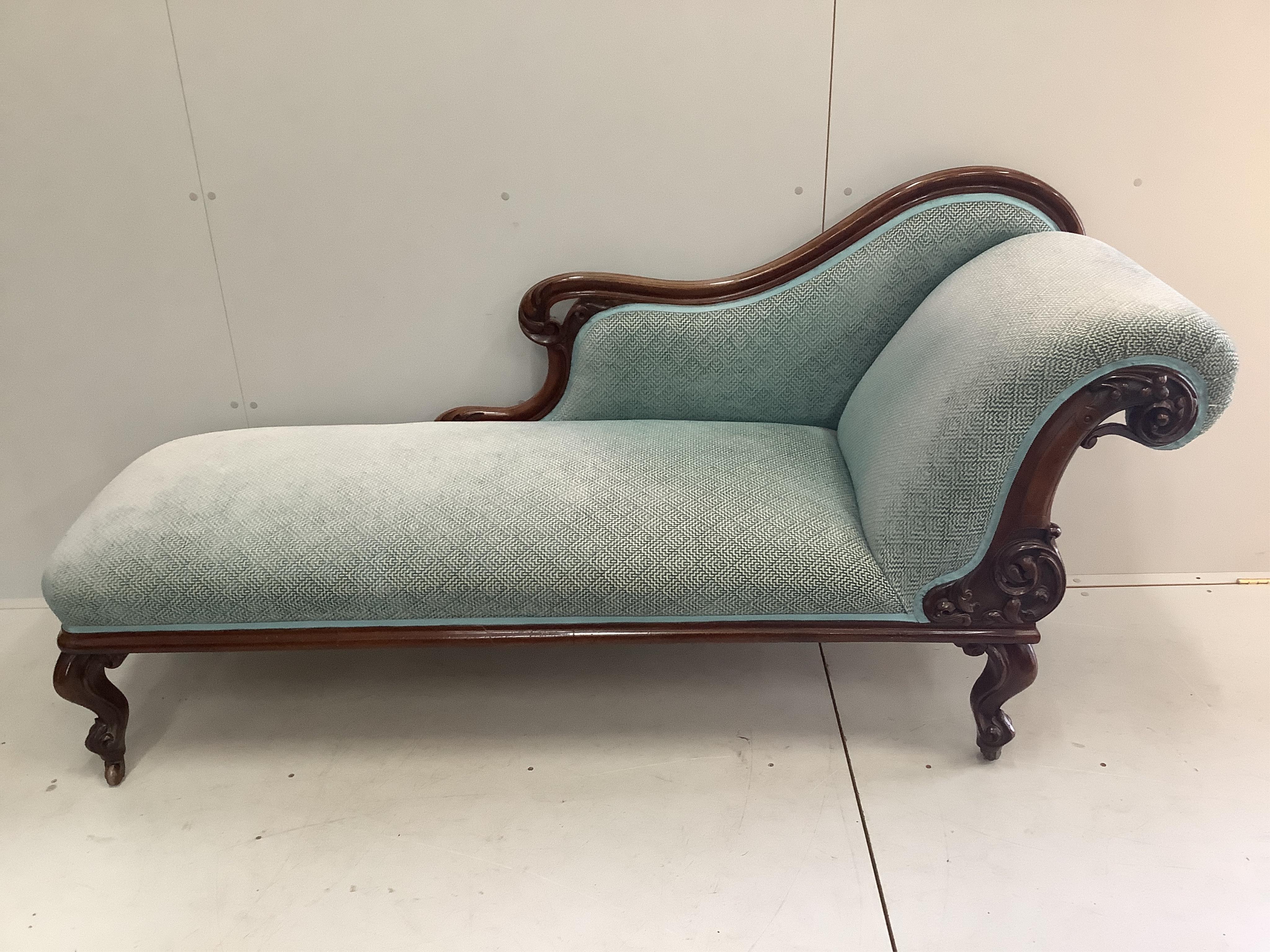 A Victorian upholstered mahogany chaise longue, width 190cm, depth 61cm, height 94cm. Condition - good